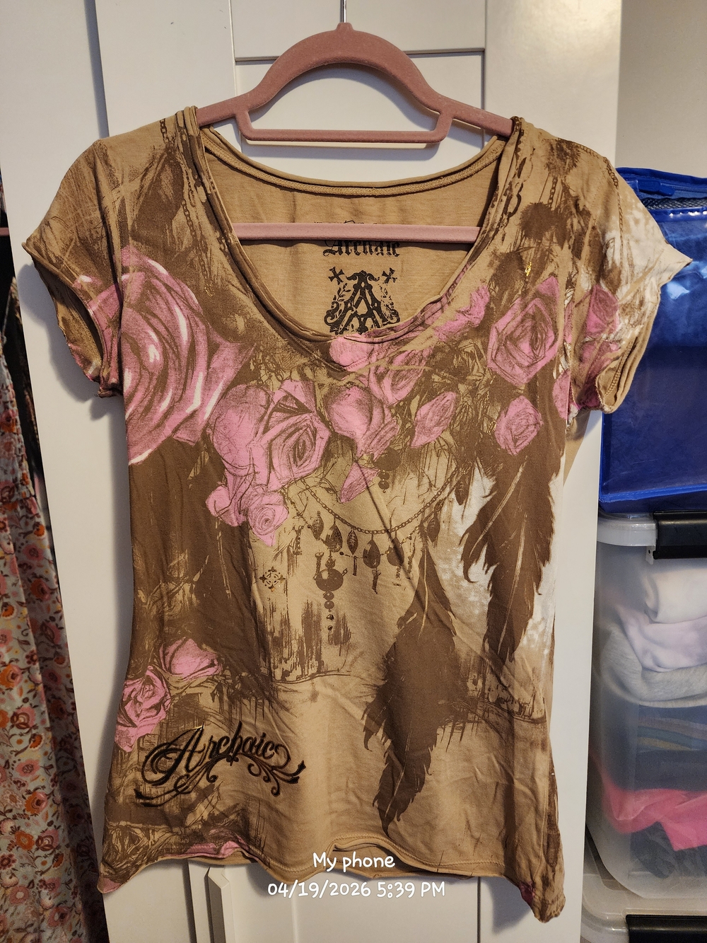 Archaic Brown Scoop Neck Tee with Pink Rose Print